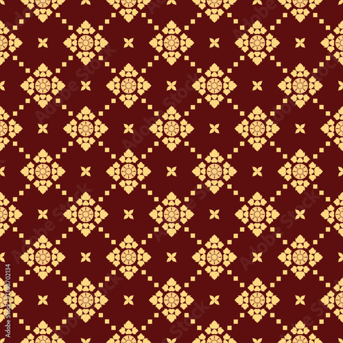 Seamless Pattern of Traditional Songket Fabric on red background. South Sumatra indonesia Cultural Textile Illustration