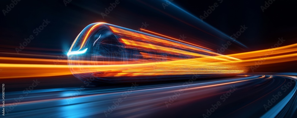 Futuristic High-Speed Train with Light Trails in Night Scene Futuristic High-Speed Train with Light Trails in Night Scene