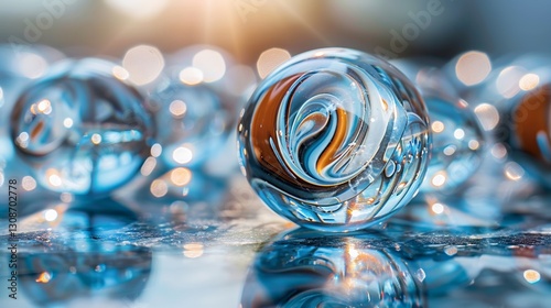 Macro view of swirled glass marbles with reflections and bokeh lighting
