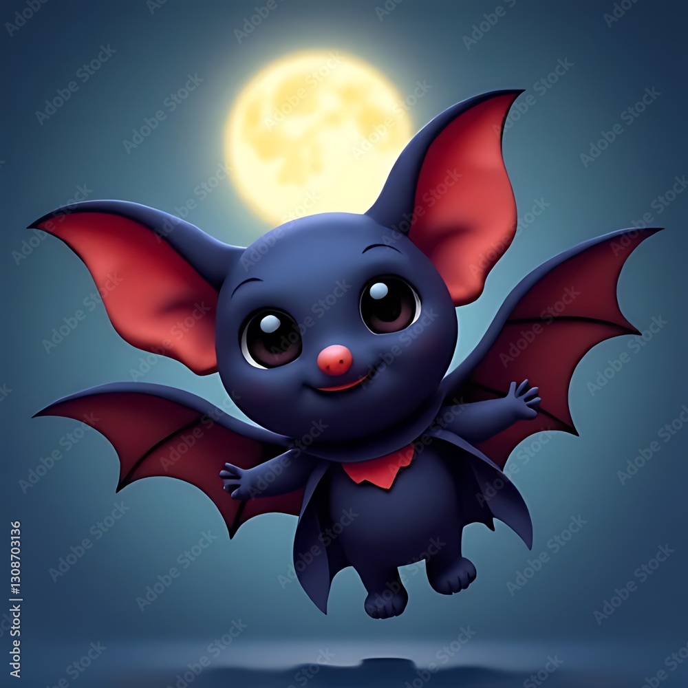 Obraz premium Cute 3D Cartoon Bat Flying Under Full Moon