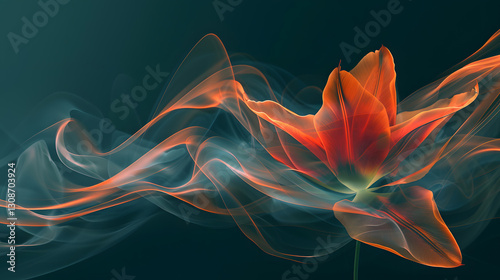 Abstract red tulip flower design with swirling smoke effects, creating an artistic and elegant floral composition.