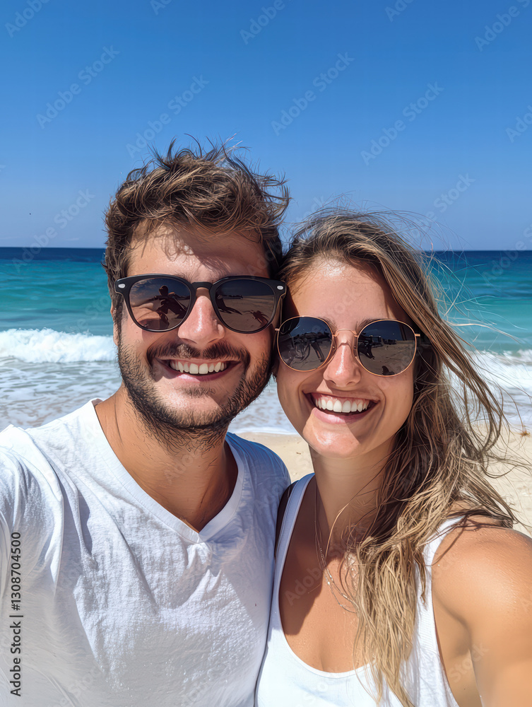 Sun-Kissed Beach Bliss: A cheerful couple, basking in the warm glow of a sunny beach, smile radiantly for a selfie. capturing pure happiness and relaxation. Sun-Kissed Beach Bliss: A cheerful couple, basking in the warm glow of a sunny beach, smile radiantly for a selfie. capturing pure happiness and relaxation.