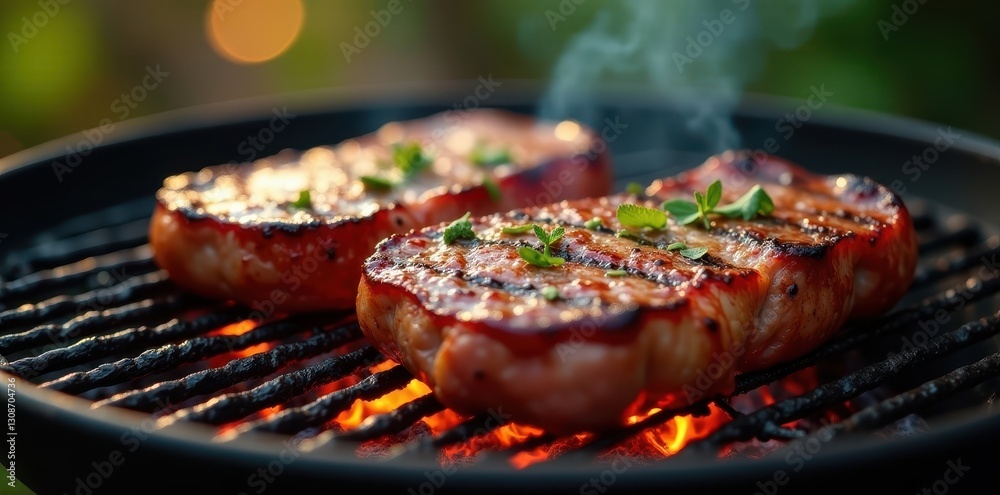 Fototapeta premium Marinated steaks grilling over glowing embers, smoke, ember