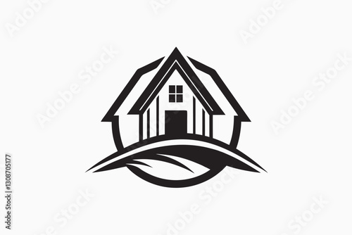 Old hand drawn abandoned ruined country house. black silhouette haunted house minimalist head logo, Icon, element. Vector illustration