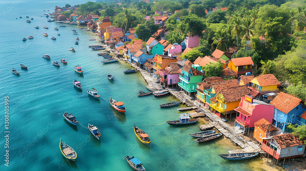 Coastal Village: Vibrant houses and boats line the shore of a picturesque coastal village, nestled between lush greenery and the crystal-clear turquoise sea.