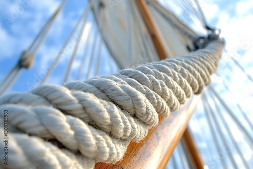 Sailboat rope on wood against blue sky