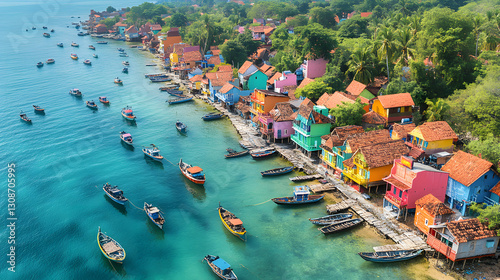 Obraz na płótnie Coastal Village: Vibrant houses and boats line the shore of a picturesque coastal village, nestled between lush greenery and the crystal-clear turquoise sea. w salonie