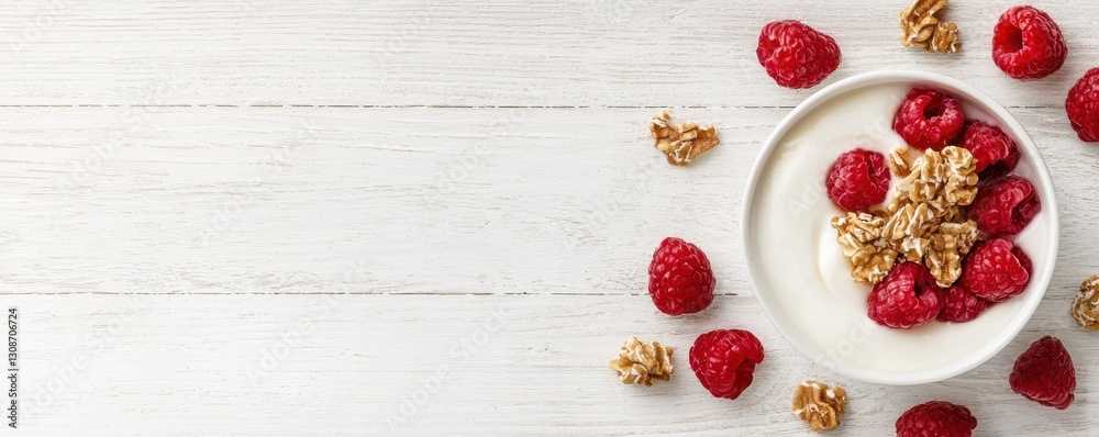 Fototapeta premium A bowl of yogurt topped with fresh raspberries and crunchy granola, set against a light wooden background.