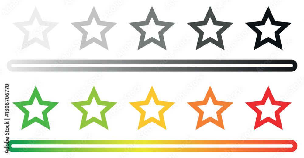 Star Rating Icons with Gradient. Progress Bars Colorful and Monochrome Review Symbols. Vector illustration. Star Rating Icons with Gradient. Progress Bars Colorful and Monochrome Review Symbols. Vector illustration.