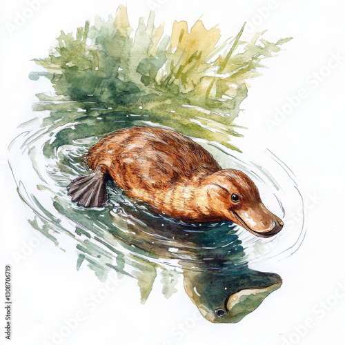 Illustration painted in realistic style, platypus swimming peacefully photo