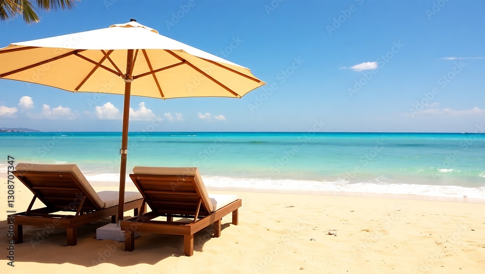 Tranquil Beach Chairs Under Umbrella Overlooking the Sea Tranquil Beach Chairs Under Umbrella Overlooking the Sea