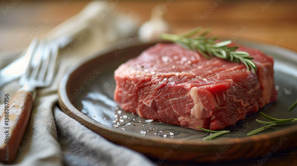 Raw steak on plate with fork and knife, symbolizing cannibalism concept, copy space for text or design, culinary and symbolic themes. Raw steak on plate with fork and knife, symbolizing cannibalism concept, copy space for text or design, culinary and symbolic themes.