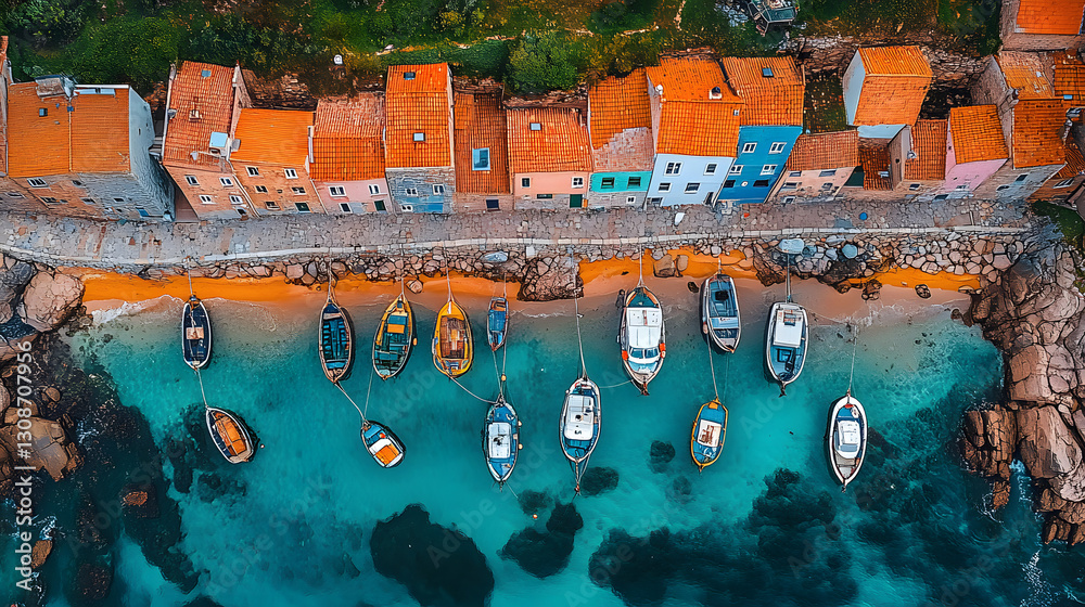 Harbor View: Aerial perspective of a colorful coastal town with boats. Captures the charm of a seaside village, offering a tranquil and vibrant scene.