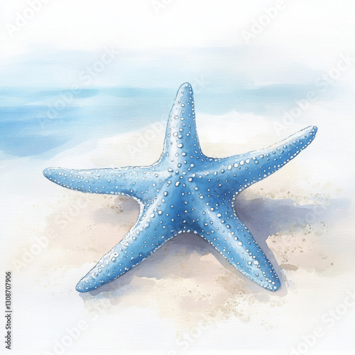 Blue starfish lying on white sand, calm and serene beach scene