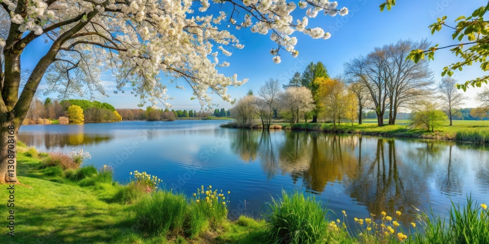 A serene lake scene with blooming flowers and trees surrounding it in Fr?hling am Krakower See in Mecklenburg , meadow, spring