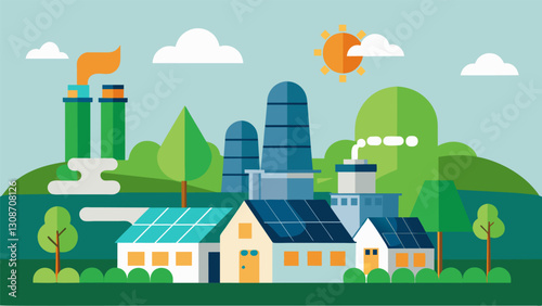 The solar thermal plant providing a green and sustainable source of energy for a small town reducing their reliance on fossil fuels and helping combat. Vector illustration