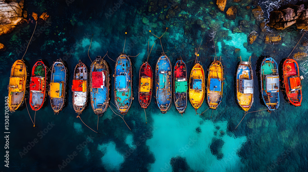 Coastal Symphony of Boats: A vibrant array of colorful boats lines a tranquil, azure coastline. This aerial perspective showcases the rich hues of the vessels against the clear turquoise waters.