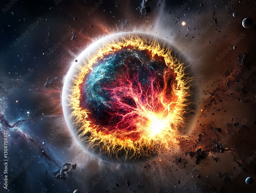 Fototapeta premium Explosive cosmic event space digital art universe dynamic viewpoint destruction concept