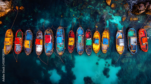 Obraz na płótnie Coastal Symphony of Boats: A vibrant array of colorful boats lines a tranquil, azure coastline. This aerial perspective showcases the rich hues of the vessels against the clear turquoise waters. w salonie