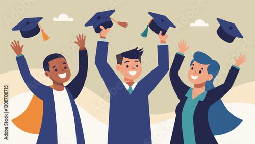 With wide smiles and raised arms graduates enthusiastically throw their hats into the air b with determination and confidence.. Vector illustration