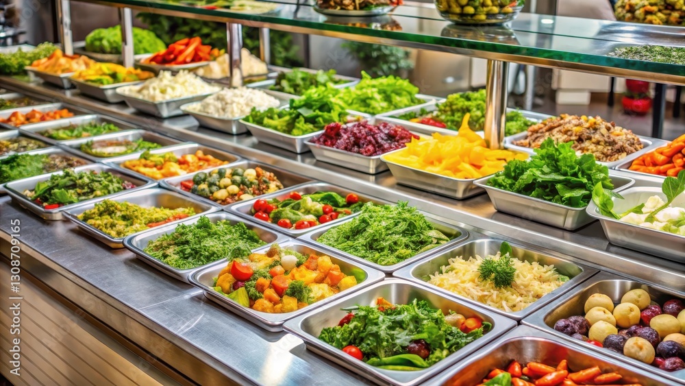 Salad buffet with a wide selection of fresh dishes displayed in a large case