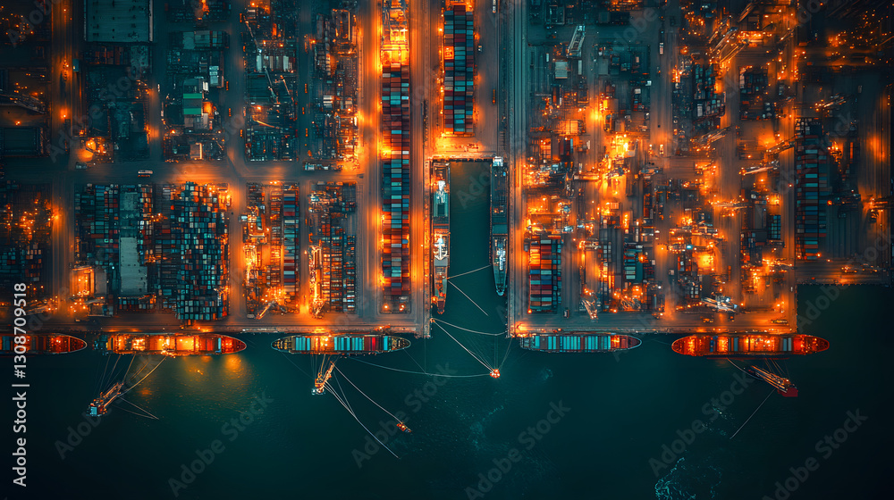Port at Night: An aerial perspective reveals the bustling activity of a cargo port at night, illuminated by the warm glow of countless lights. The scene is filled with ships, containers.