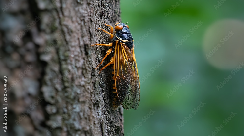 a newly transformed cicada resting on tree trunk a newly transformed cicada resting on tree trunk