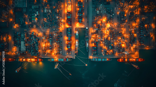 Obraz na płótnie Port at Night: An aerial perspective reveals the bustling activity of a cargo port at night, illuminated by the warm glow of countless lights. The scene is filled with ships, containers. w salonie