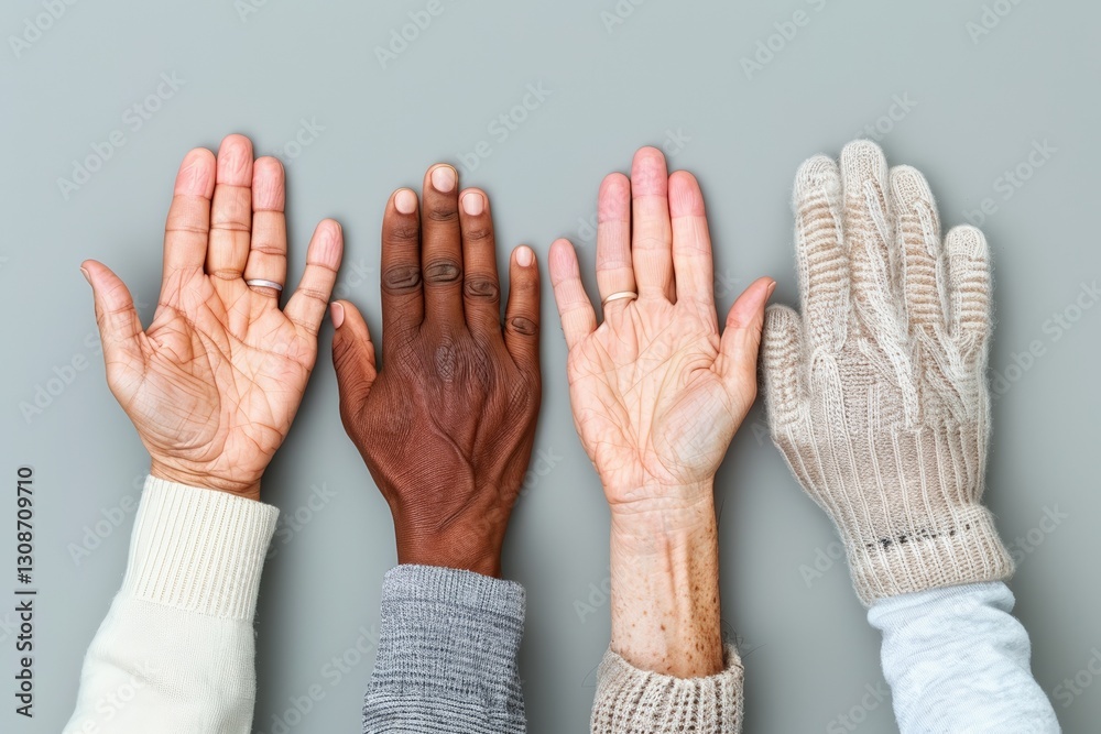 Obraz premium Diverse hands displaying unity in age and ethnicity on gray background