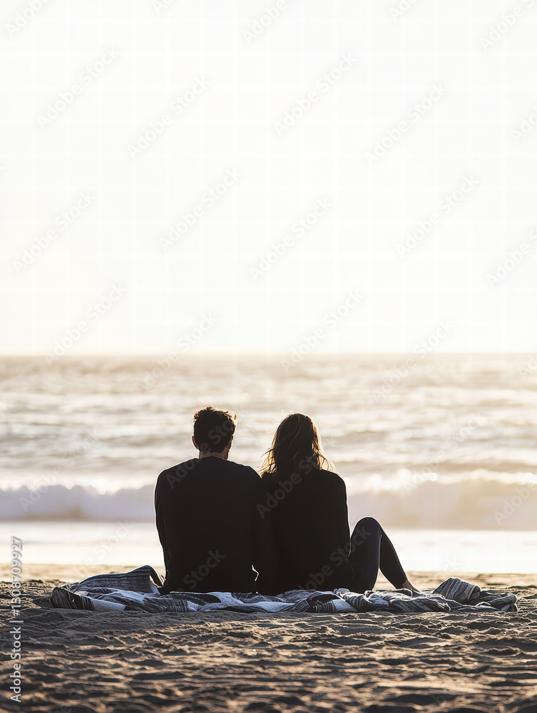 Fototapeta premium Seaside Serenity: A couple watches the sunset in serene moment on the shore, feeling relaxed. A calming and peaceful scene by the beach.
