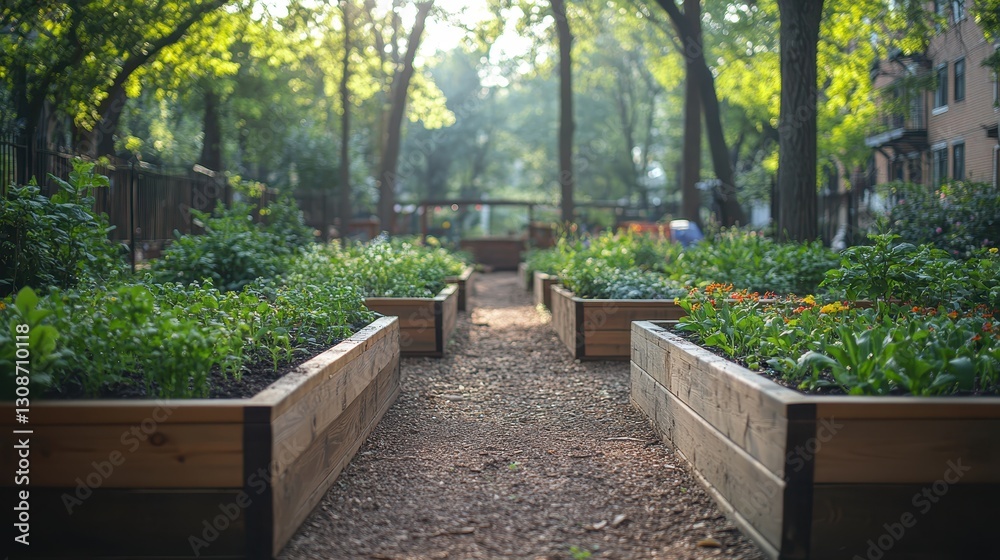 Obraz premium A bustling community garden, with well-tended plants thriving in raised beds.