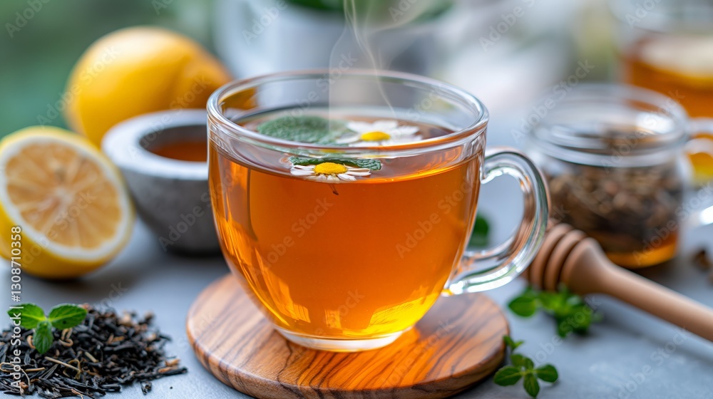 Steaming herbal tea with chamomile and lemon on wooden saucer Steaming herbal tea with chamomile and lemon on wooden saucer