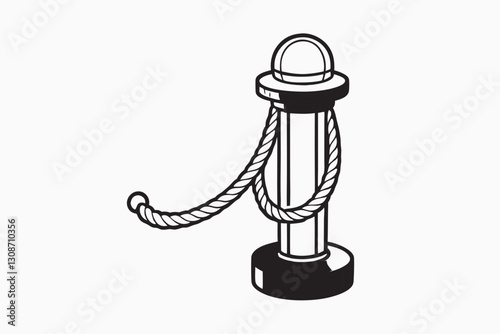Black silhouette Mooring bollard with ship rope. Marine concept. Sketch vintage vector illustration isolated on white background