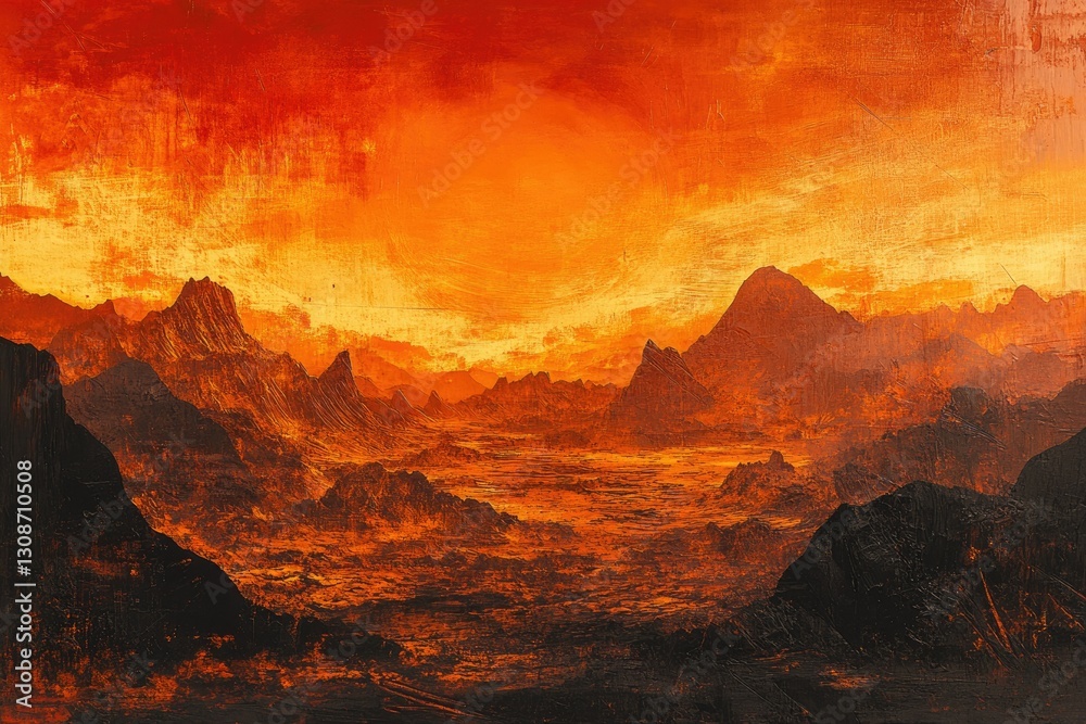 Obraz premium Fiery orange sunset over a rugged, volcanic mountain range landscape.