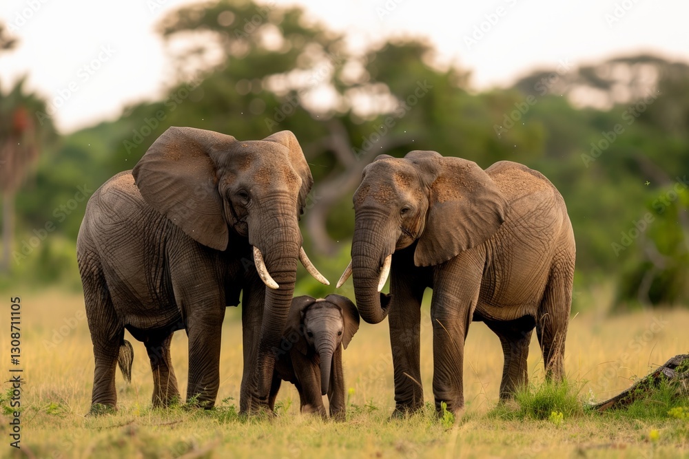 Fototapeta premium African elephant family in natural habitat: adult elephants and calf in serengeti landscape