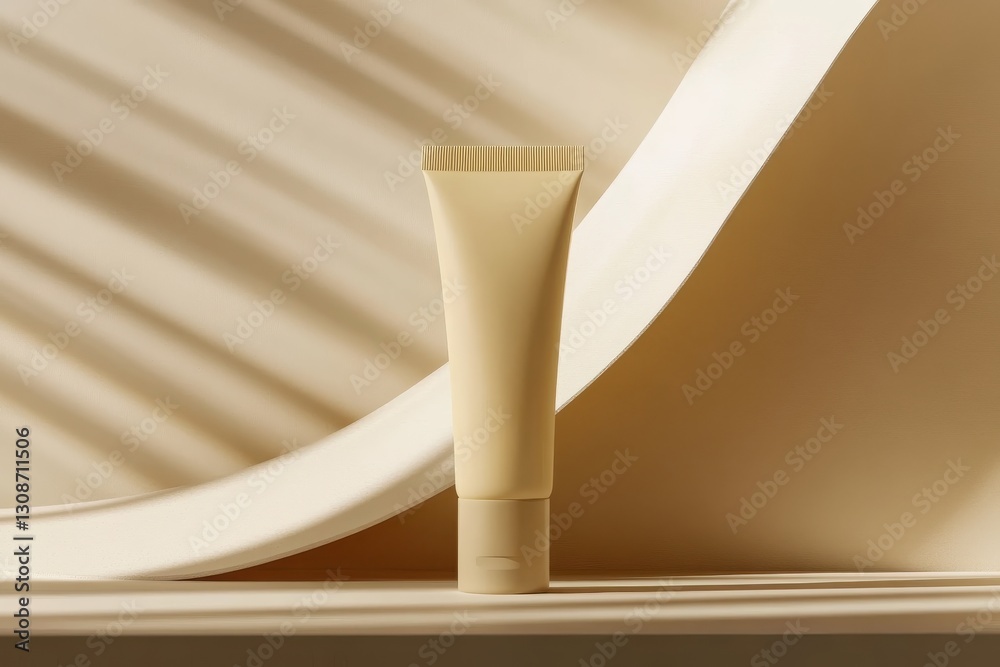 Sleek skin care tube displayed on a soft beige shelf with smooth contours and gentle shadows Sleek skin care tube displayed on a soft beige shelf with smooth contours and gentle shadows