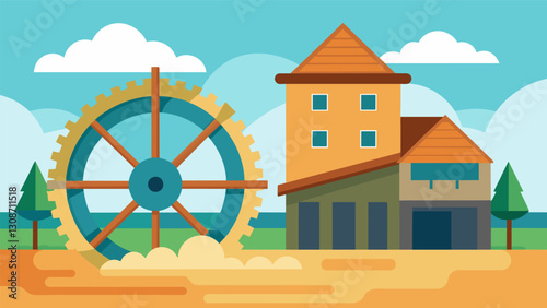 The steady rotation of the waterwheel powered the nearby flour mill providing freshly ground flour for the townsfolk.. Vector illustration