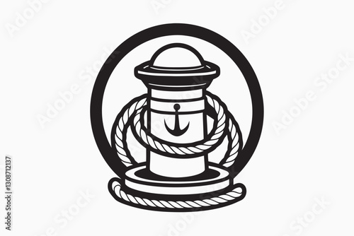 Bitt with rope bollard sketch vector image. Marine bollard with rope tied on pier icon isolated on transparent background. 