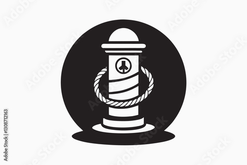 Bitt with rope bollard sketch vector image. Marine bollard with rope tied on pier icon isolated on transparent background. 