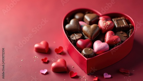 Heart-shaped box overflowing with assorted chocolates , dark, celebration, sweetness
