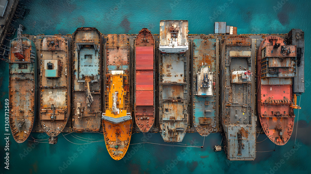 Rusting Fleet: An aerial perspective showcases a lineup of aged ships, bearing the marks of time and the sea. Capturing the textures, colors, and wear and tear on a variety of vessels.