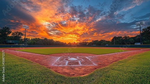 A beautiful sunset illuminates a baseball field at twilight hour