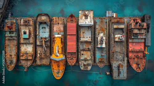 Obraz na płótnie Rusting Fleet: An aerial perspective showcases a lineup of aged ships, bearing the marks of time and the sea. Capturing the textures, colors, and wear and tear on a variety of vessels. w salonie