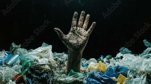 A dramatic photo capturing a close-up of a human hand reaching out of a pile of plastic waste, symbolizing the suffocating impact of pollution