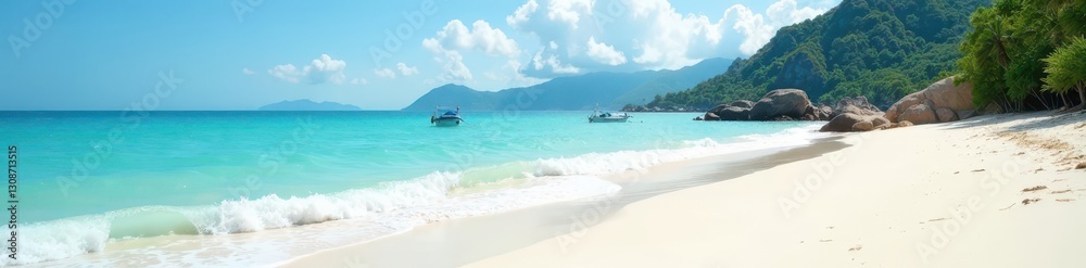 Fototapeta premium Soft white sand, gentle waves lapping the shore, Thailand's south , turquoise water, vacation, beach