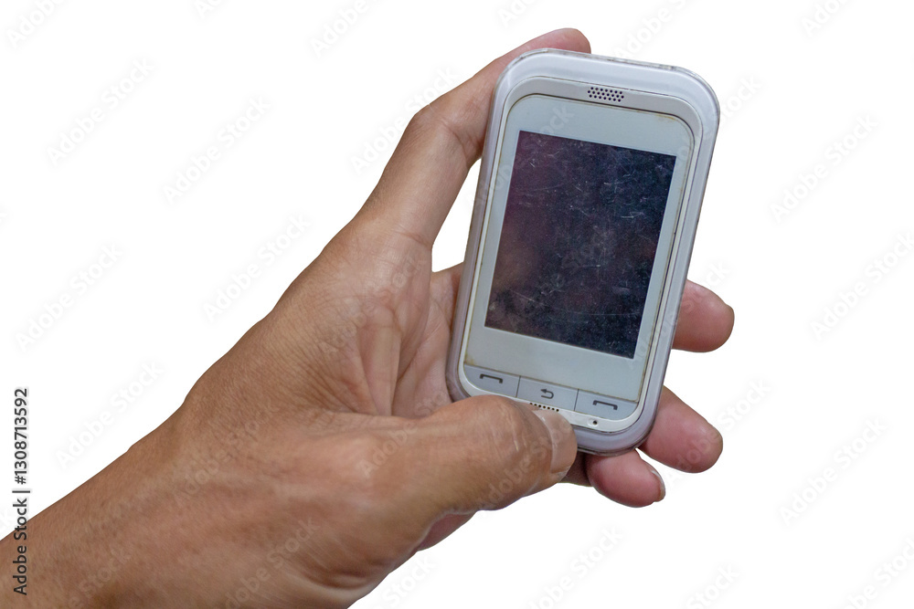 Hand Holding an Old White Mobile Phone with Scratched Screen Isolated on Transparent Background Hand Holding an Old White Mobile Phone with Scratched Screen Isolated on Transparent Background