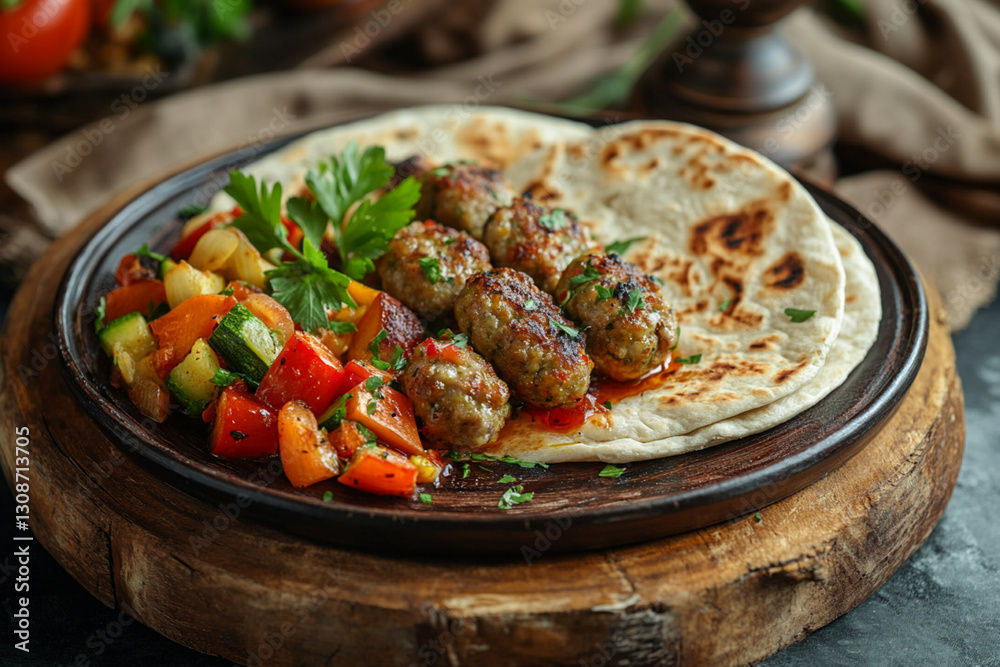 Plate of kofte served with lavash, vegetables and herbs on a wooden stand