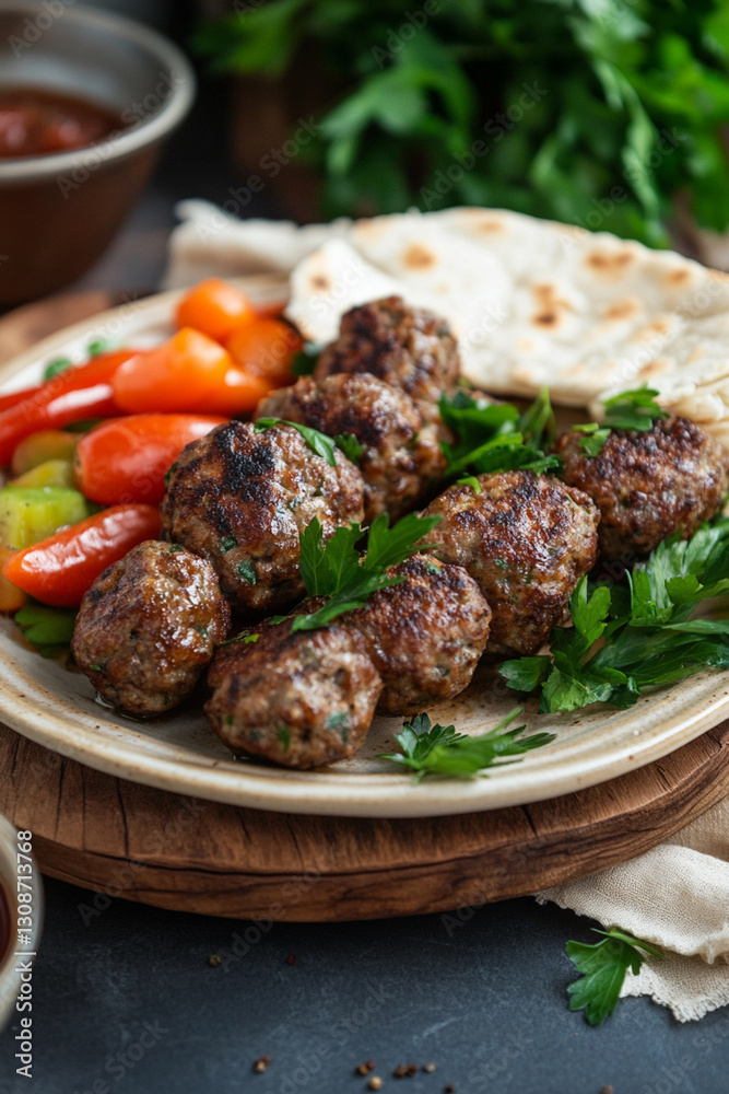 Plate of kofte served with lavash, vegetables and herbs on a wooden stand Plate of kofte served with lavash, vegetables and herbs on a wooden stand