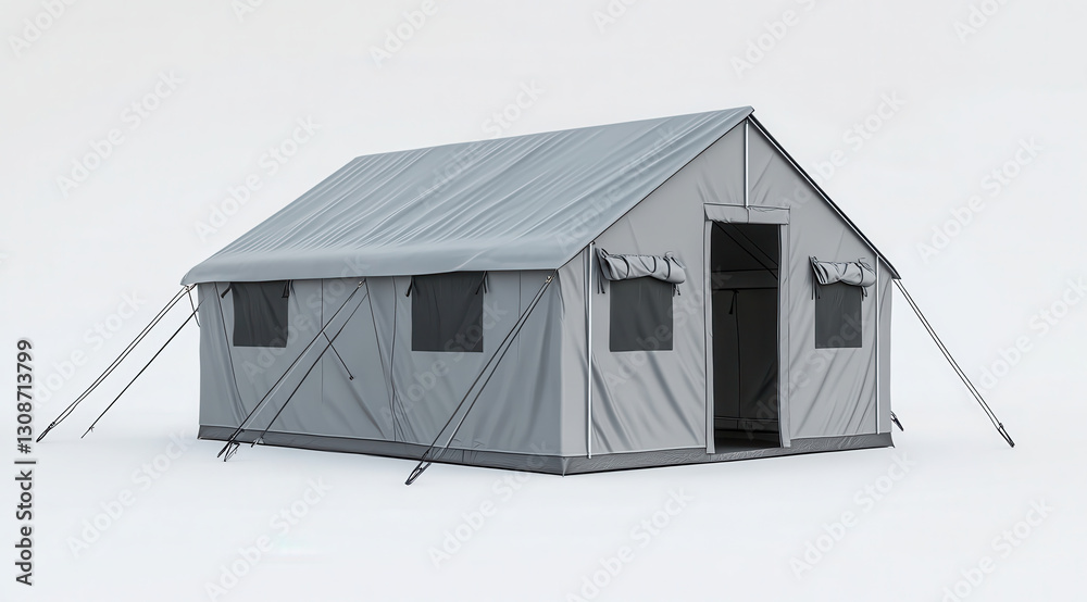 Spacious gray camping tent with multiple windows and sturdy structure Spacious gray camping tent with multiple windows and sturdy structure