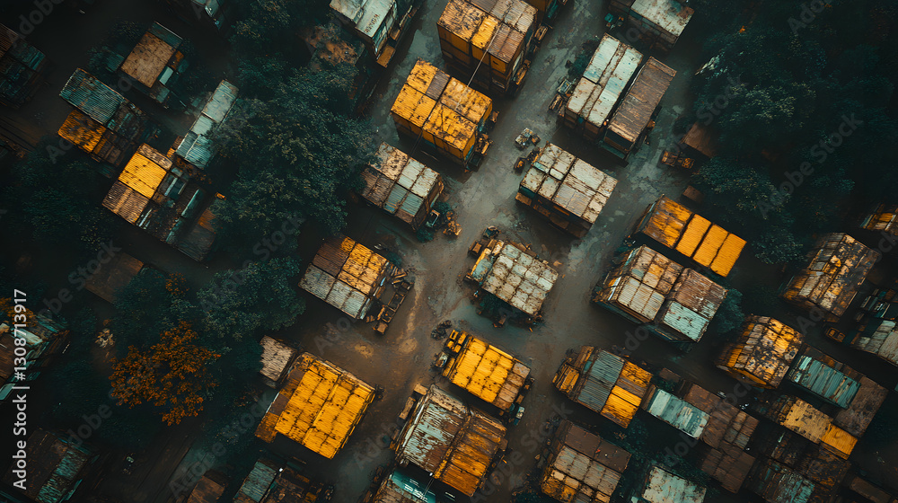 City Containers: An aerial, artistic view of shipping containers, their vibrant colors providing a stark contrast to the surrounding urban environment.
